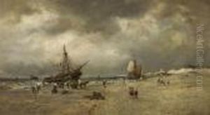Strandszene Mitanlandenden Fischerbooten by Francois Etienne Musin
