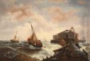 Segelboote Auf Sturmischer See Vor Einem Pier by Francois Etienne Musin