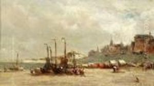Sailing Boats On The Beach by Francois Etienne Musin