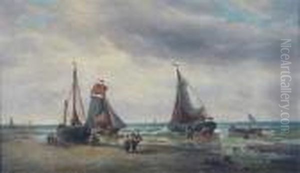 Coastal Scene With Fisherfolk By Their Boats At Low Tide - view 1