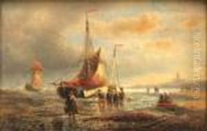 Coastal View Of Fishing Vessel In Blustery Weather With Figures