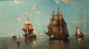French Shipping Off The Coast In
 A Light Breeze, The Barque Firing A Warning Shot To The Two-masted 
Trader Crossing Her Path