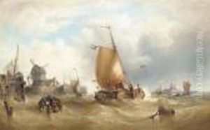 Dutch Fishing Boats Off A Coast With A Castle In The Distance Dutch Fishing Boats Off A Coast With A Castle In The Distance