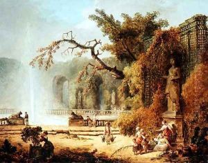 Romantic garden scene by Hubert Robert