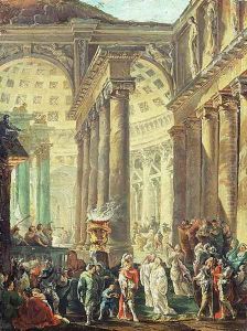Capriccio of a Roman temple with Alexander the Great entering in triumph, 1755-60 by Hubert Robert