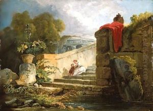 A Scene in the Grounds of the Villa Farnese, Rome c. 1765 by Hubert Robert