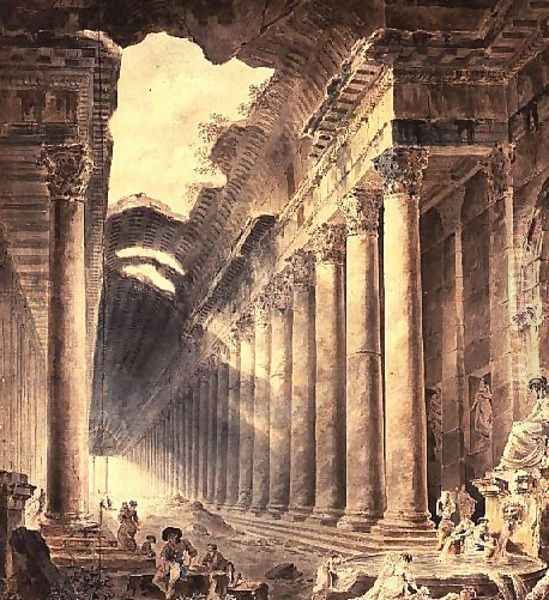 A colonnaded thermal building, the roof partly open to the sky, with girls washing clothes - view 1