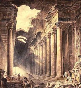 A colonnaded thermal building, the roof partly open to the sky, with girls washing clothes by Hubert Robert
