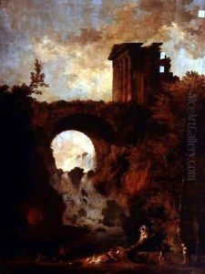 A Capriccio of a ruined temple by a bridge over a cascade with a see-saw party