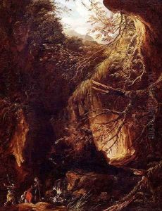 Figures By A Waterfall In A Wooded Landscape by Hubert Robert