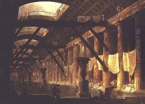 An architectural capriccio with women washing and drying sheets in a vast pillared gallery