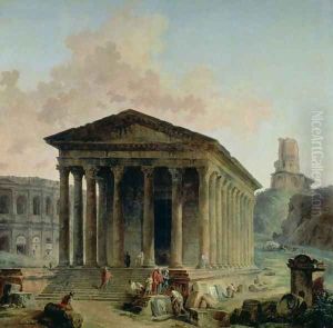 The Maison Carree with the Amphitheatre and the Tour Magne at Nimes, 1786-87 by Hubert Robert