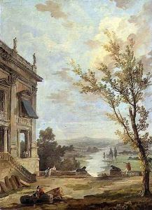 Capriccio Italianate landscape with the Capitoline Palazzo Nuovo and gentlefolk on a terrace, a river beyond by Hubert Robert
