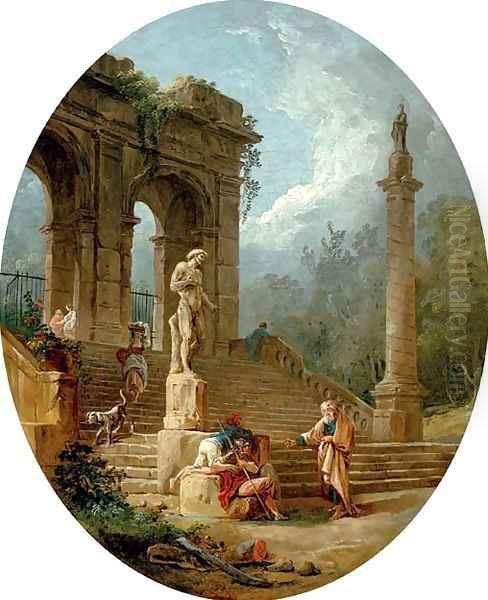 A capriccio of a classical arcade and a column with figures conversing before a statue - view 1