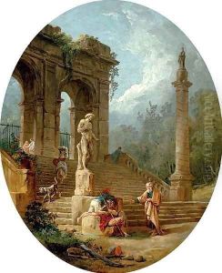 A capriccio of a classical arcade and a column with figures conversing before a statue