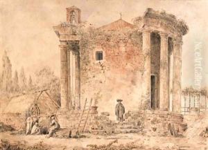 A capriccio with the Temple of the Sybil at Tivoli, Capuchin priests standing amongst the ruins by Hubert Robert