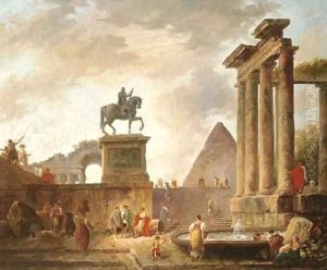 A capriccio with troubadours and washerwomen by a basin among Roman ruins, a pyramid beyond