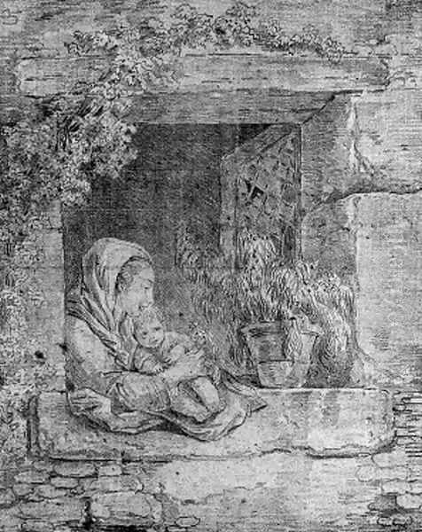 A mother and child embracing by a cottage window - view 1