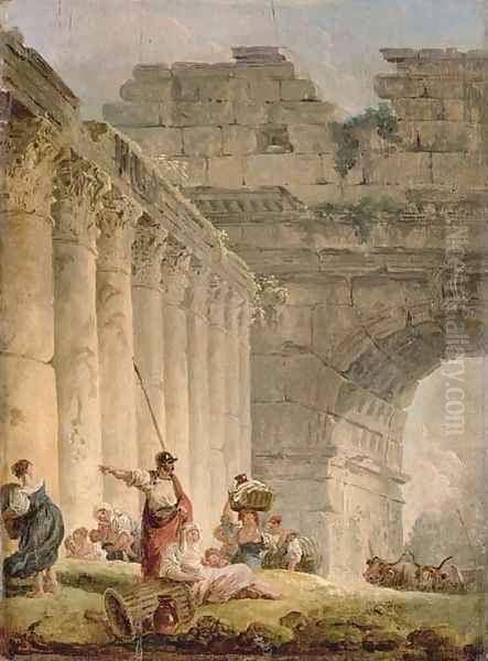 A capriccio of a classical colonnade and a triumphal arch with a soldier and washerwomen on a bank - view 1