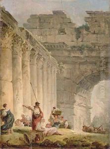 A capriccio of a classical colonnade and a triumphal arch with a soldier and washerwomen on a bank