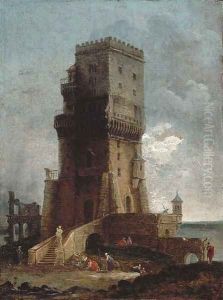 A capriccio of a tower with figures in the foreground, ruins and the sea beyond