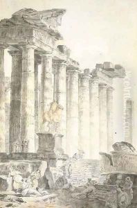 A capriccio with the statue of Marcus Aurelius, figures among ruins in the foreground by Hubert Robert