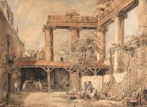 A courtyard at the Villa Pamphilj, Rome by Hubert Robert