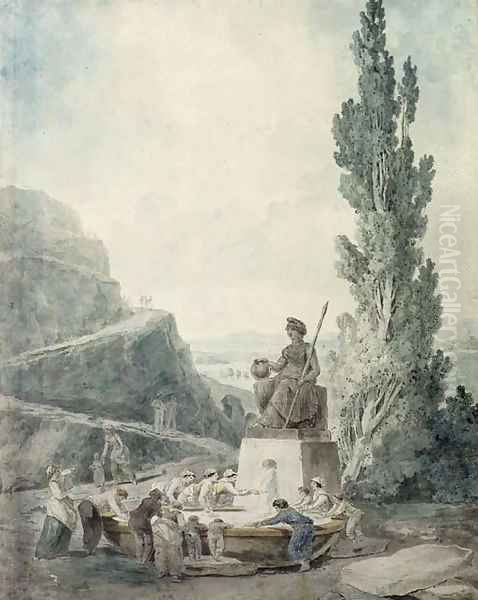 Sans Culottes drinking at a fountain with a statue of Liberty by the tree of Liberty - view 1