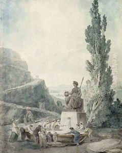 Sans Culottes drinking at a fountain with a statue of Liberty by the tree of Liberty by Hubert Robert