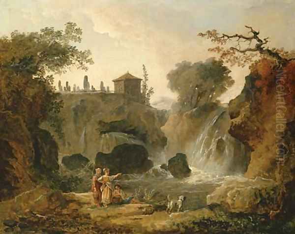 The waterfall at Tivoli with figures resting by the pool - view 1