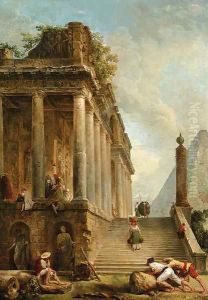A capriccio of a ruined classical temple and a Pyramid with a flight of steps