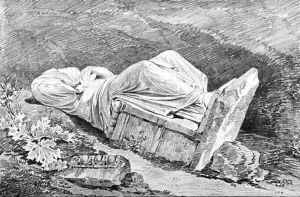 A fallen classical statue of a female figure by Hubert Robert
