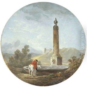 A landscape with a horseman pausing by a fountain by Hubert Robert