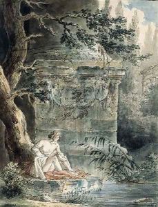 A young female Bather near a Column by Hubert Robert