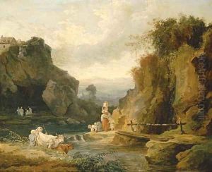 Figures by a footbridge in a rocky river landscape by Hubert Robert