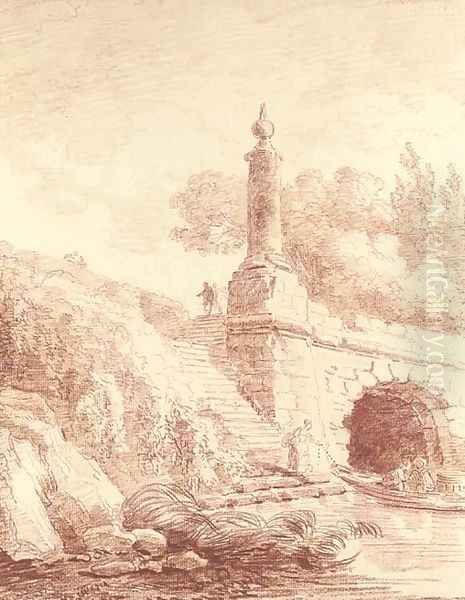 Steps by a bridge with figures mooring a small boat - view 1