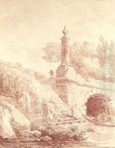 Steps by a bridge with figures mooring a small boat by Hubert Robert
