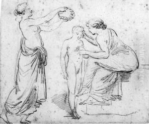 Venus and a nymph crowning Cupid with roses by Hubert Robert