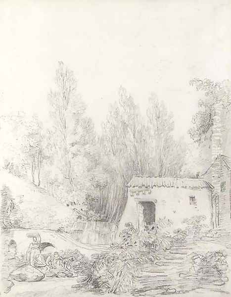 Washerwomen in a stream by a rustic cottage - view 1