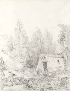 Washerwomen in a stream by a rustic cottage by Hubert Robert