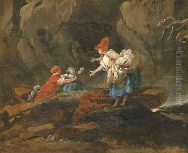 A family disembarking from a boat in a rocky river landscape - view 1