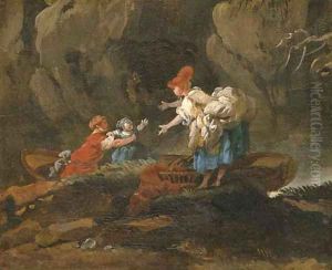 A family disembarking from a boat in a rocky river landscape by Hubert Robert