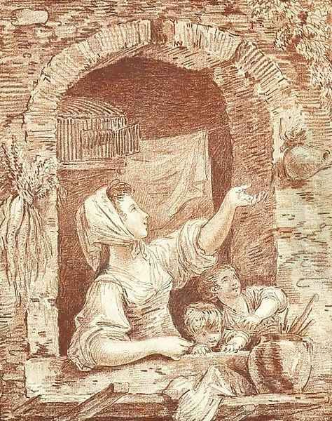 A Washerwoman and two Children coaxing a Bird back into its Cage - view 1