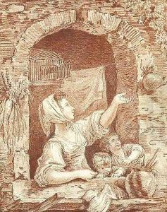 A Washerwoman and two Children coaxing a Bird back into its Cage by Hubert Robert