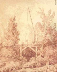 Le seau d'eau A woman on a pontoon among trees lowering a bucket into a stream by Hubert Robert