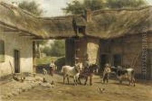 Working Horses In A Farmyard by Willem Carel Nakken