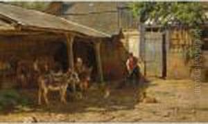 Donkey-riders In A Sunlit Farmyard
