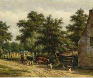A Cowherd And Her Cattle By A Farm