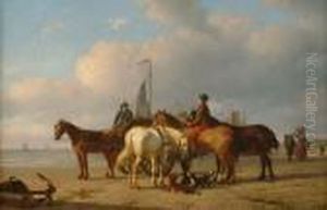 Horses And Figures On A Beach With Fishing Boats Beyond Horses And Figures On A Beach With Fishing Boats Beyond