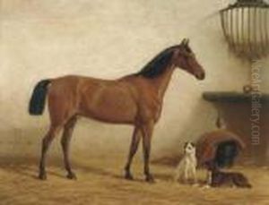 Chat-botte Met Snip En Snoek: Horse And Dogs In A Stable by Willem Carel Nakken